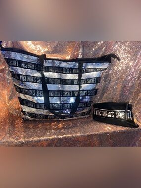 Victoria’s Secret Silver & Black Tote & Travel Pouch